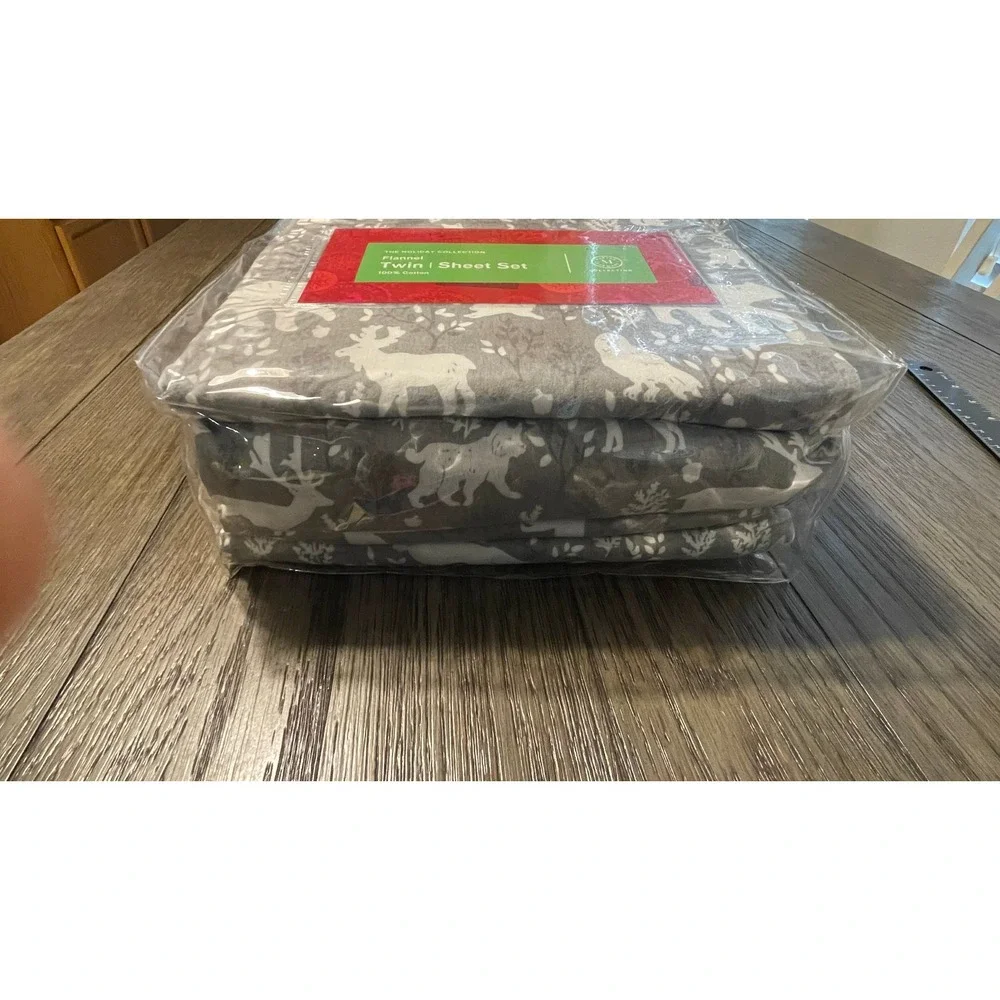 Martha Stewart Collection Flannel Sheet Set Twin Forest Friends Gray Cotton NEW
